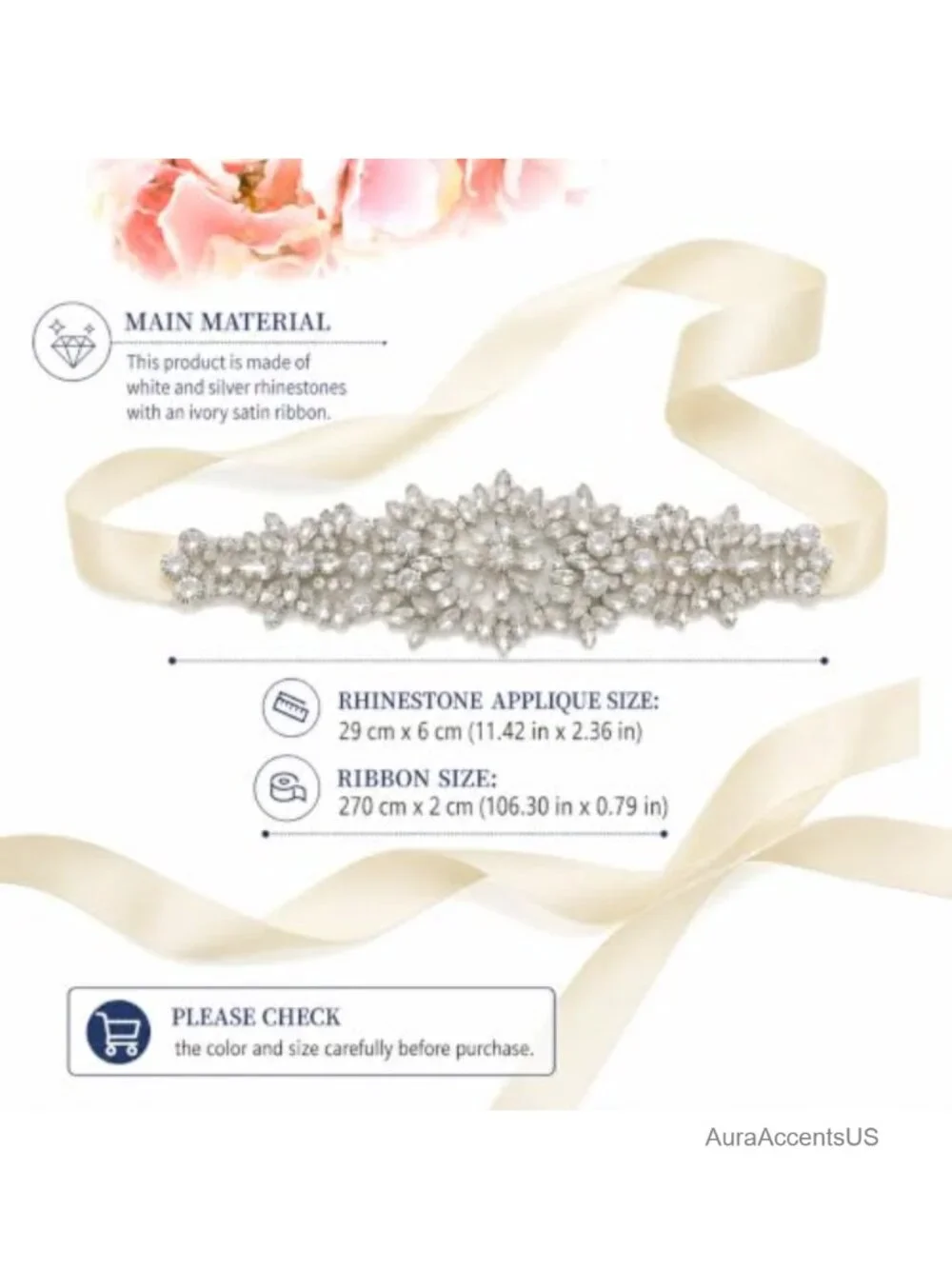 Handmade Rhinestone Bridal Belt with Ivory Ribbon Crystal Belt